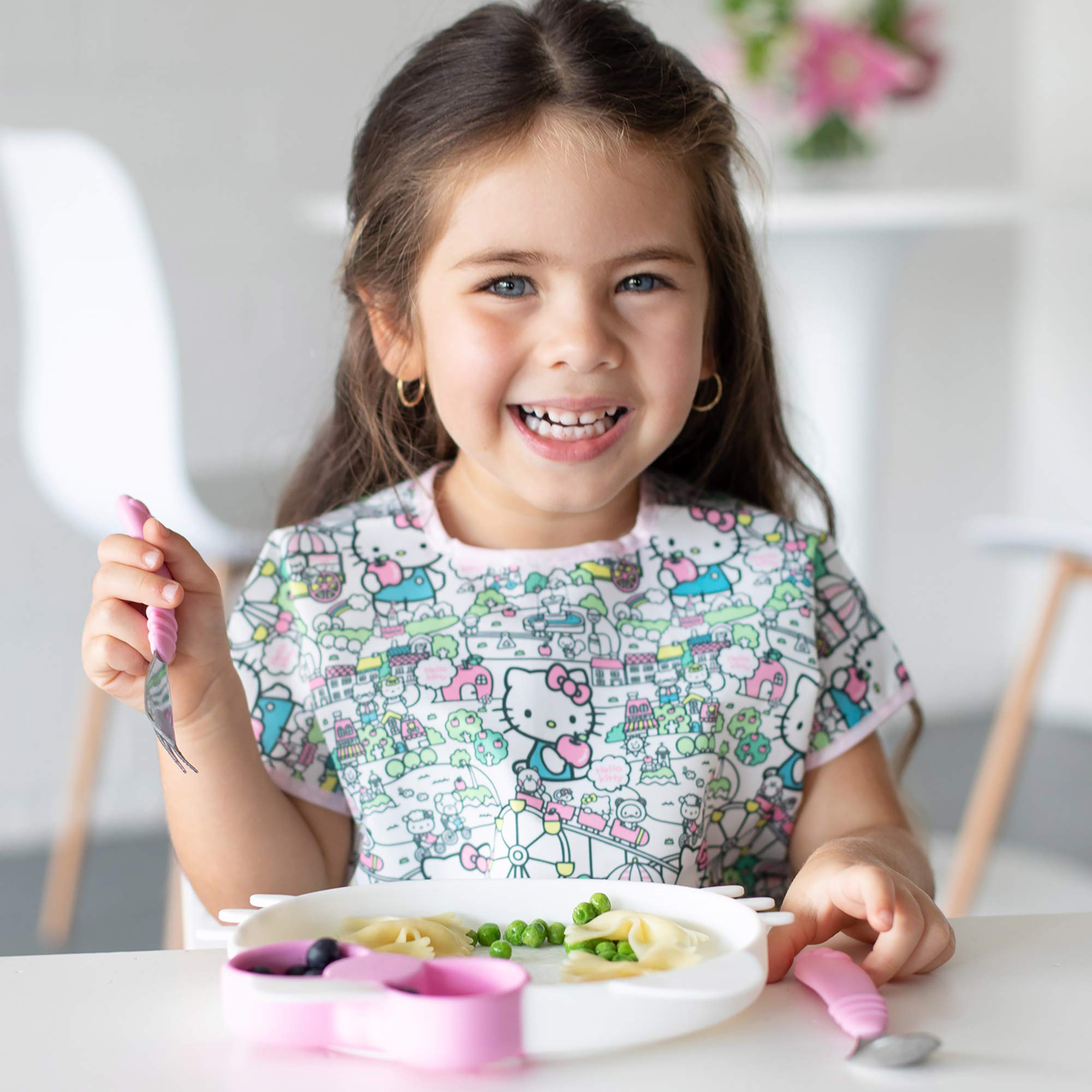 Bumkins Toddler Utensils, Kids Size Fork and Spoon Set, Silicone and Stainless-Steel Training Silverware, Angled Fork / Spork fo